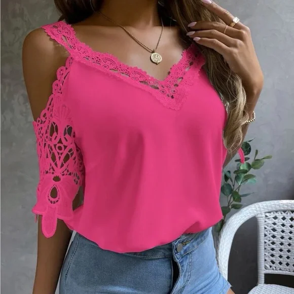 Boho Floral Lace Cold Shoulder Blouse - Picture 9 of 9